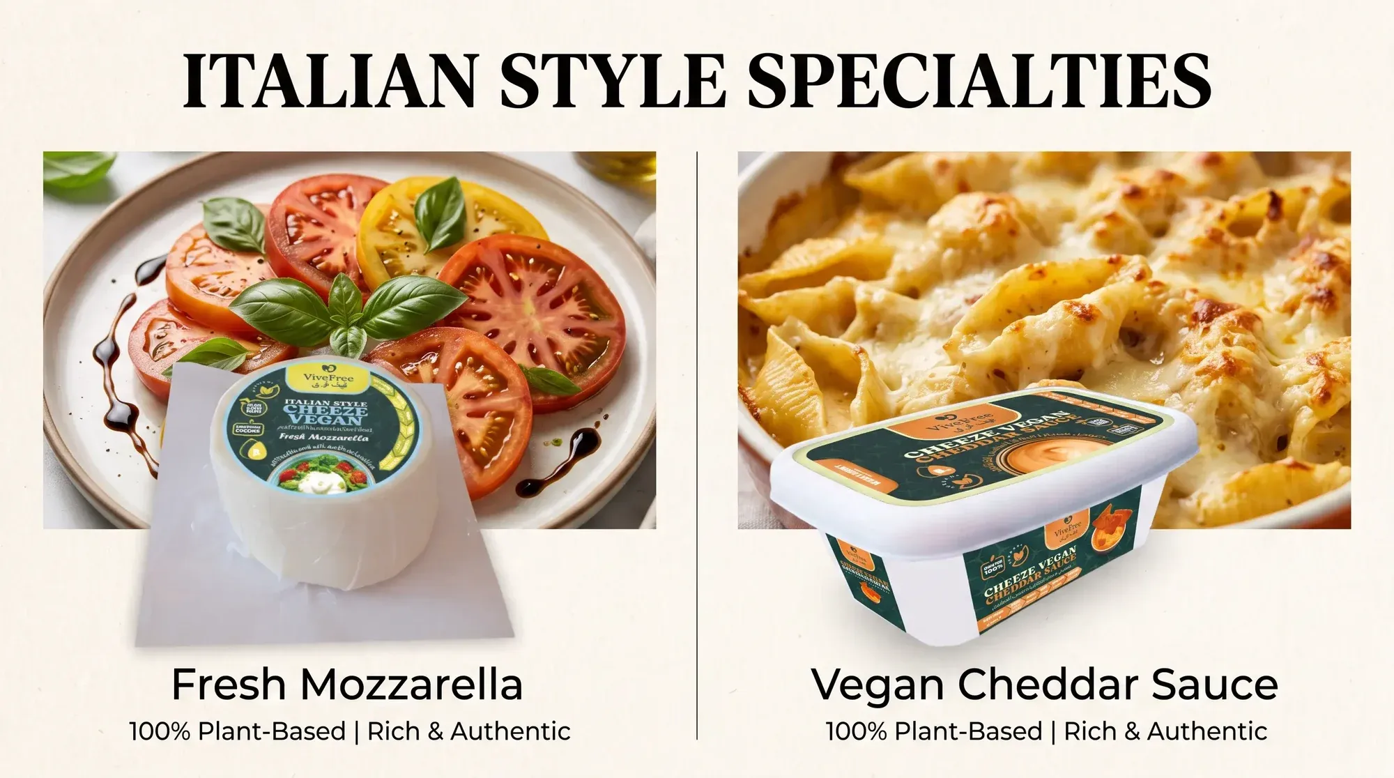 Vive Free Italian Style Specialties: fresh mozzarella and vegan cheddar sauce, 100% plant-based. See the 26 chilled products.