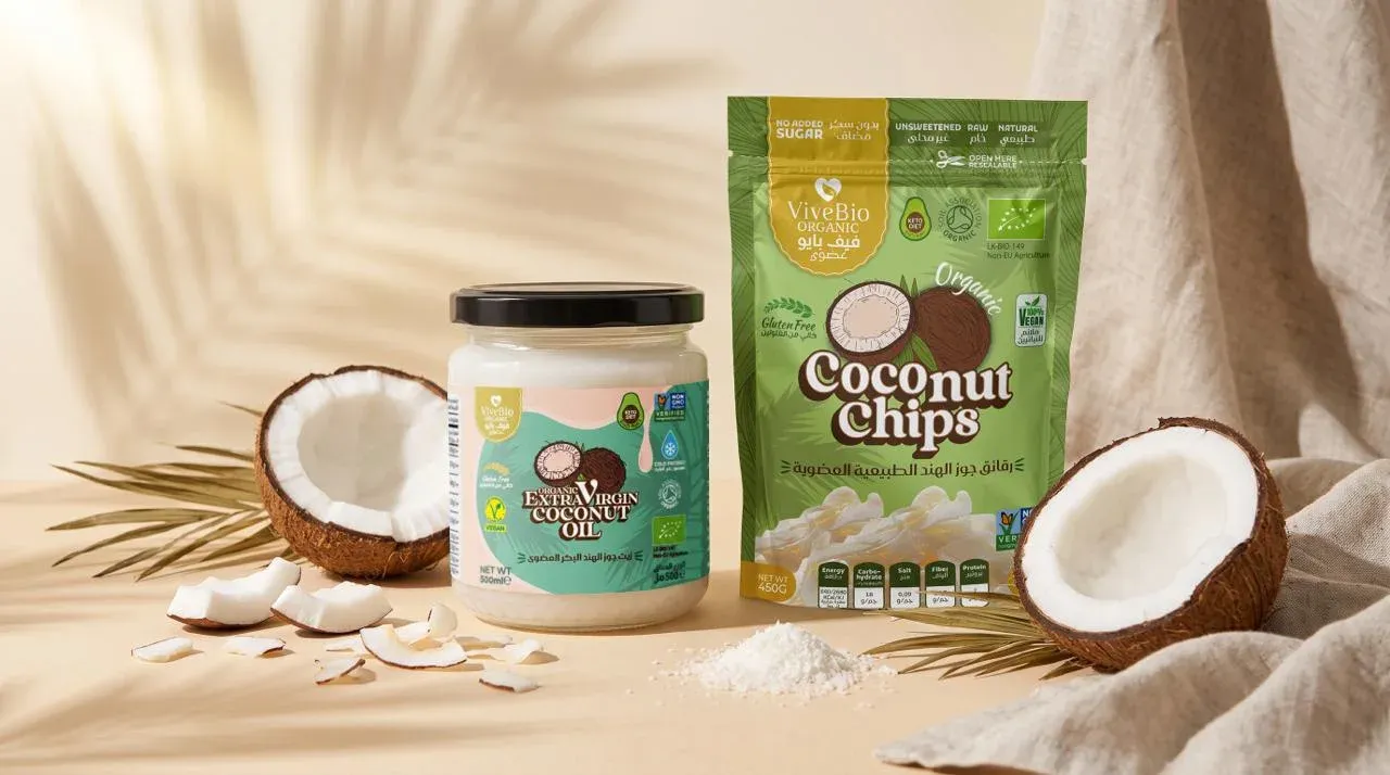 ViveBio Organic Coconut Chips and coconut oil with fresh coconuts