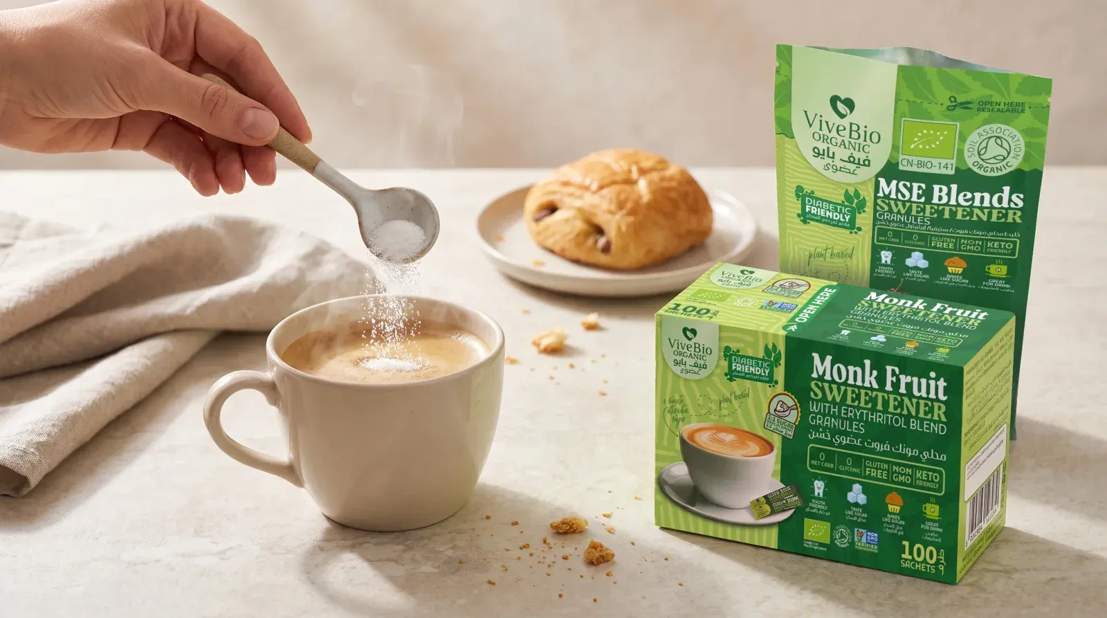 ViveBio MSE Blends and Monk Fruit sweeteners beside a cup of coffee