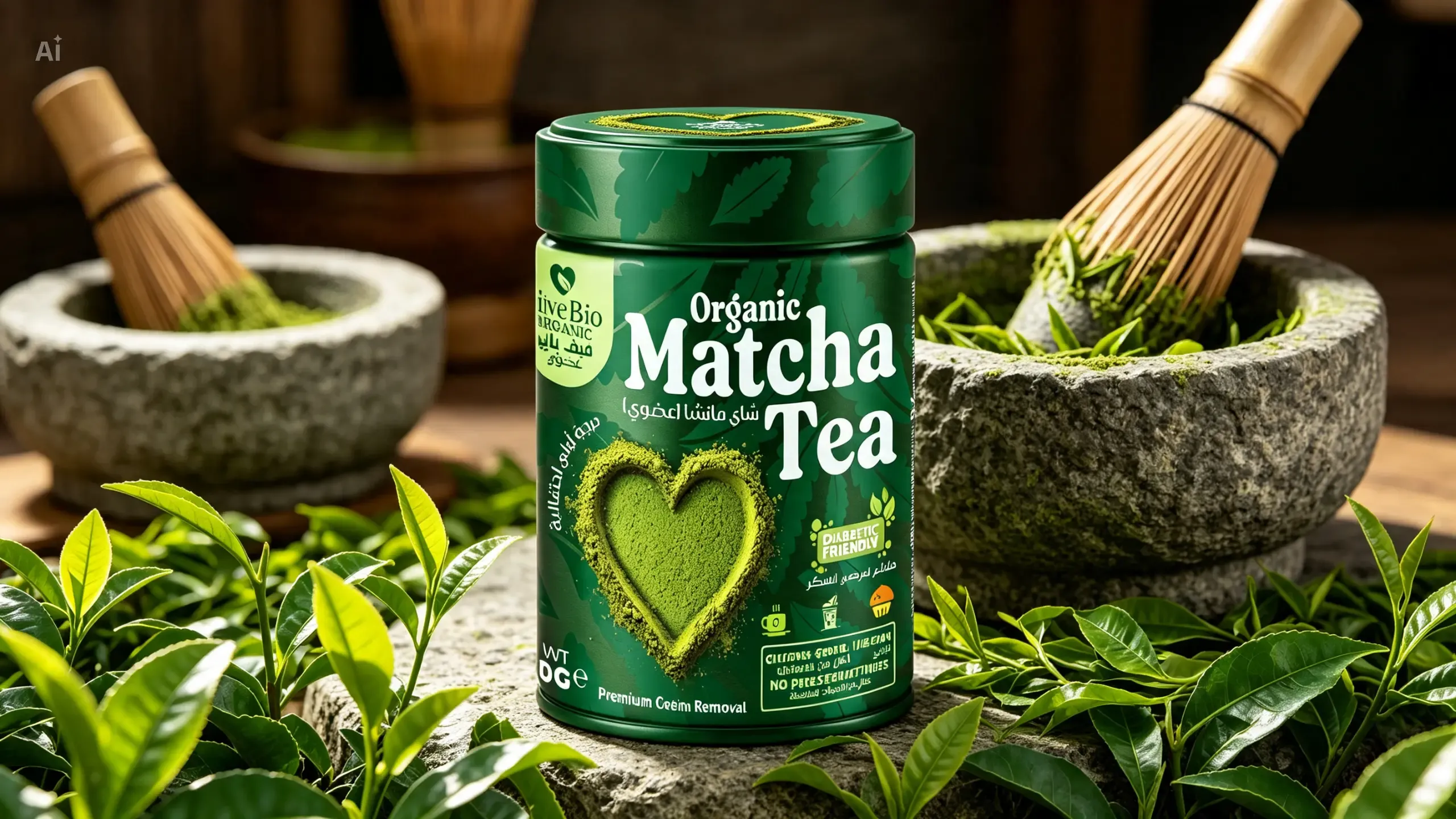 ViveBio Organic Matcha Tea tin with bamboo whisks and fresh tea leaves